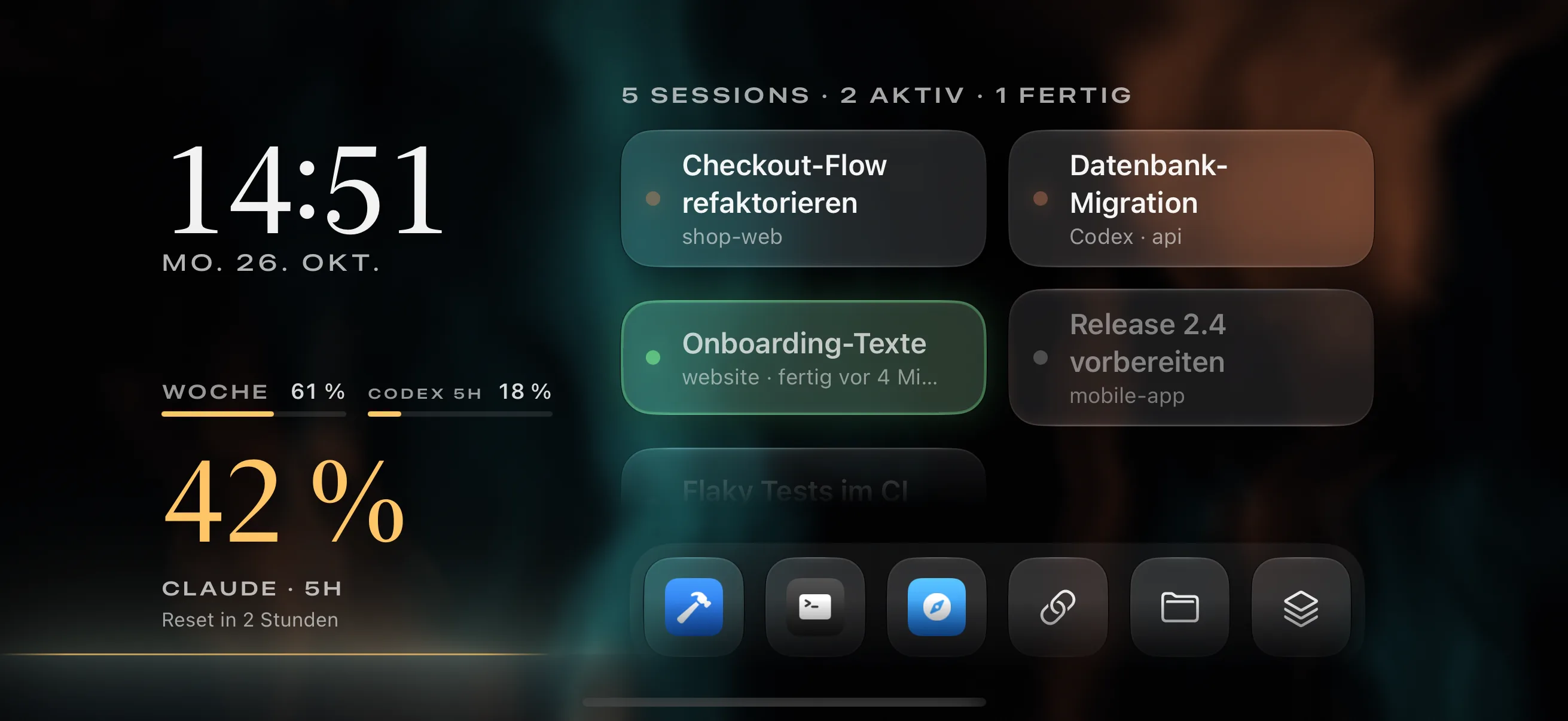 Amberlight zeigt Uhr, Usage von Claude und Codex und fünf Agent-Sessions mit ihrem Status.