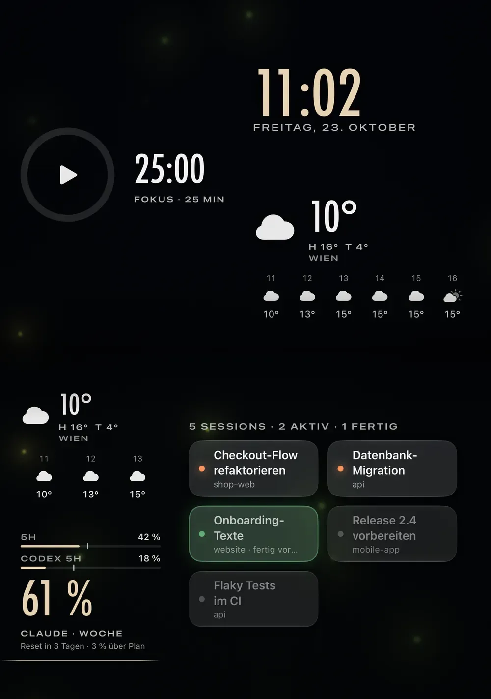 iPhone Duo unfolded, focus timer and weather on top, sessions below.