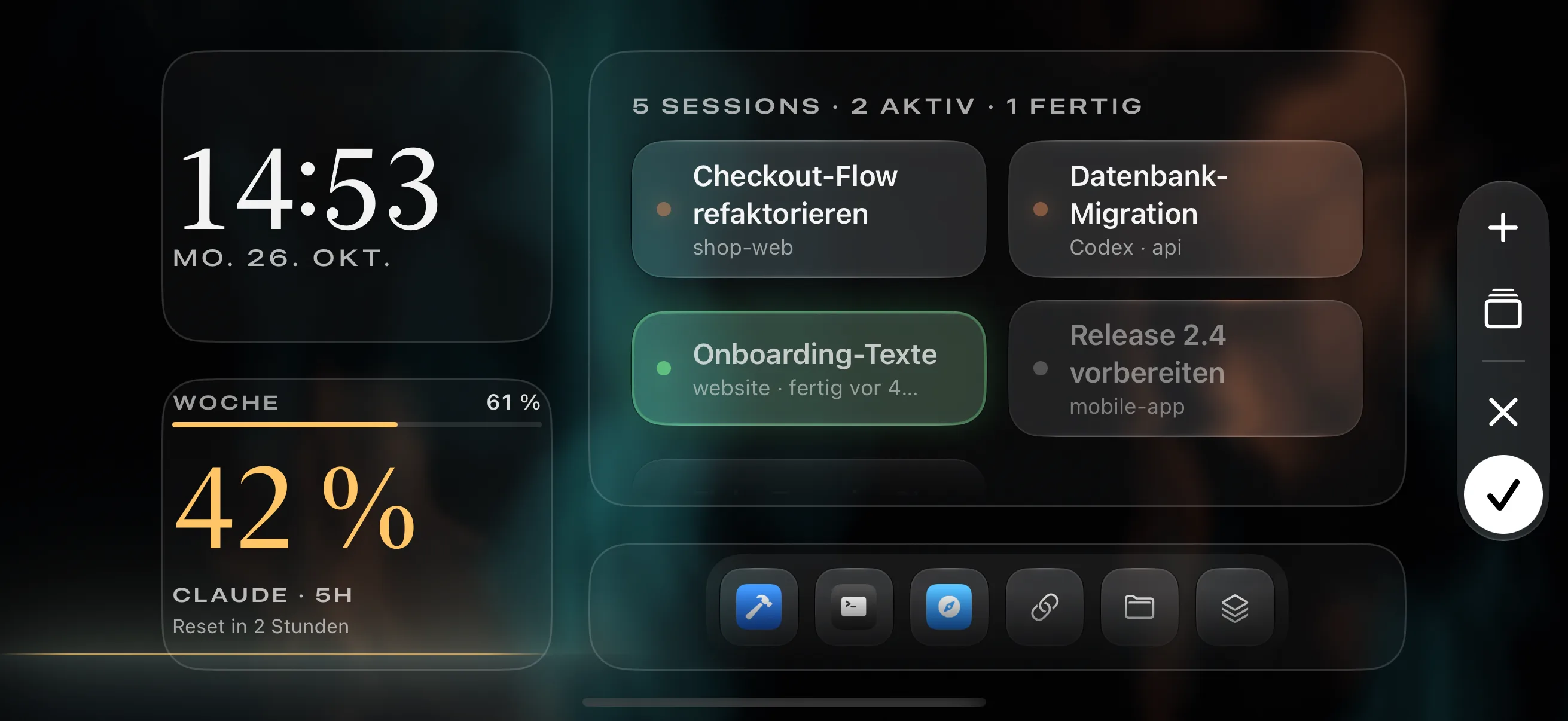 Bearbeitungsmodus mit Rahmen um die Widgets und einer Werkzeugleiste.